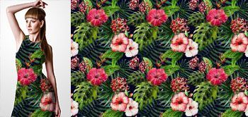 09028 Materiał ze wzorem duże malowane kwiaty (strelicja, hibiskus, hiacynt), egzotyczne liście w stylu akwareli